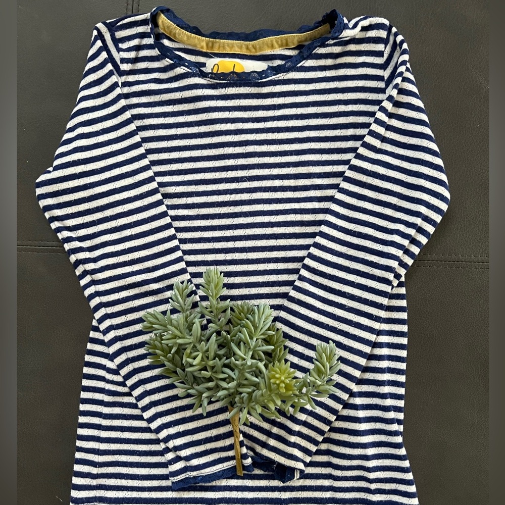 Boden girl 9-10 blue and white stripe long sleeve shirt
